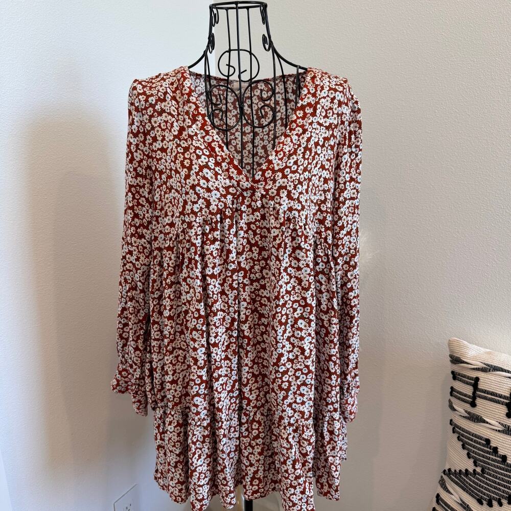 VICI Flawless Ditsy Floral Long Cuffed Sleeve Babydoll Dress Red Brown Medium - Picture 1 of 10